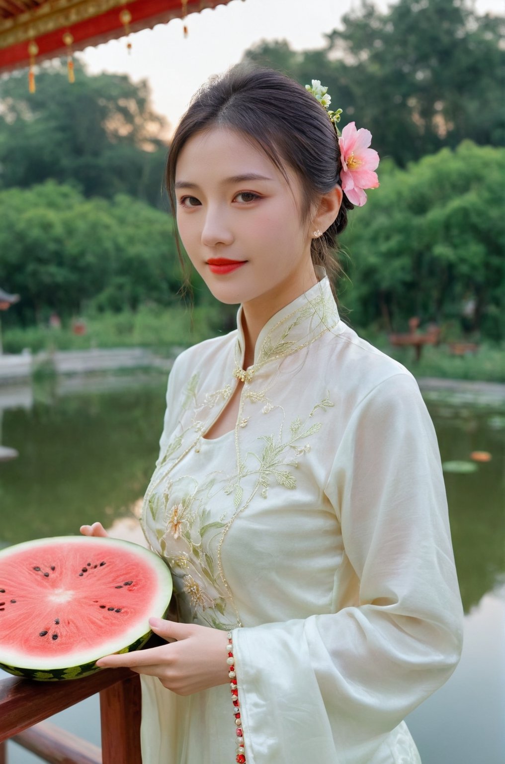 (ultra realistic,best quality),photorealistic,Extremely Realistic, in depth, cinematic light,hubgirl,
A Chinese girl with silky black hair tied in a high ponytail, wearing a flowing qipao dress patterned with delicate blossoms, stands atop a traditional pavilion overlooking a tranquil lotus pond at sunset. She holds a slice of refreshing watermelon, its deep red hues mirroring the colors of the fading sky, and smiles softly at the beauty around her. The setting sun bathes everything in a warm golden glow, highlighting the intricate embroidery on her dress and the fine beads of moisture on the watermelon,
dynamic poses, particle effects, perfect hands, perfect lighting, vibrant colors, intricate details, high detailed skin, intricate background, realism, raw, analog, taken by Sony Alpha 7R IV, Zeiss Otus 85mm F1.4, ISO 100 Shutter Speed 1/400,