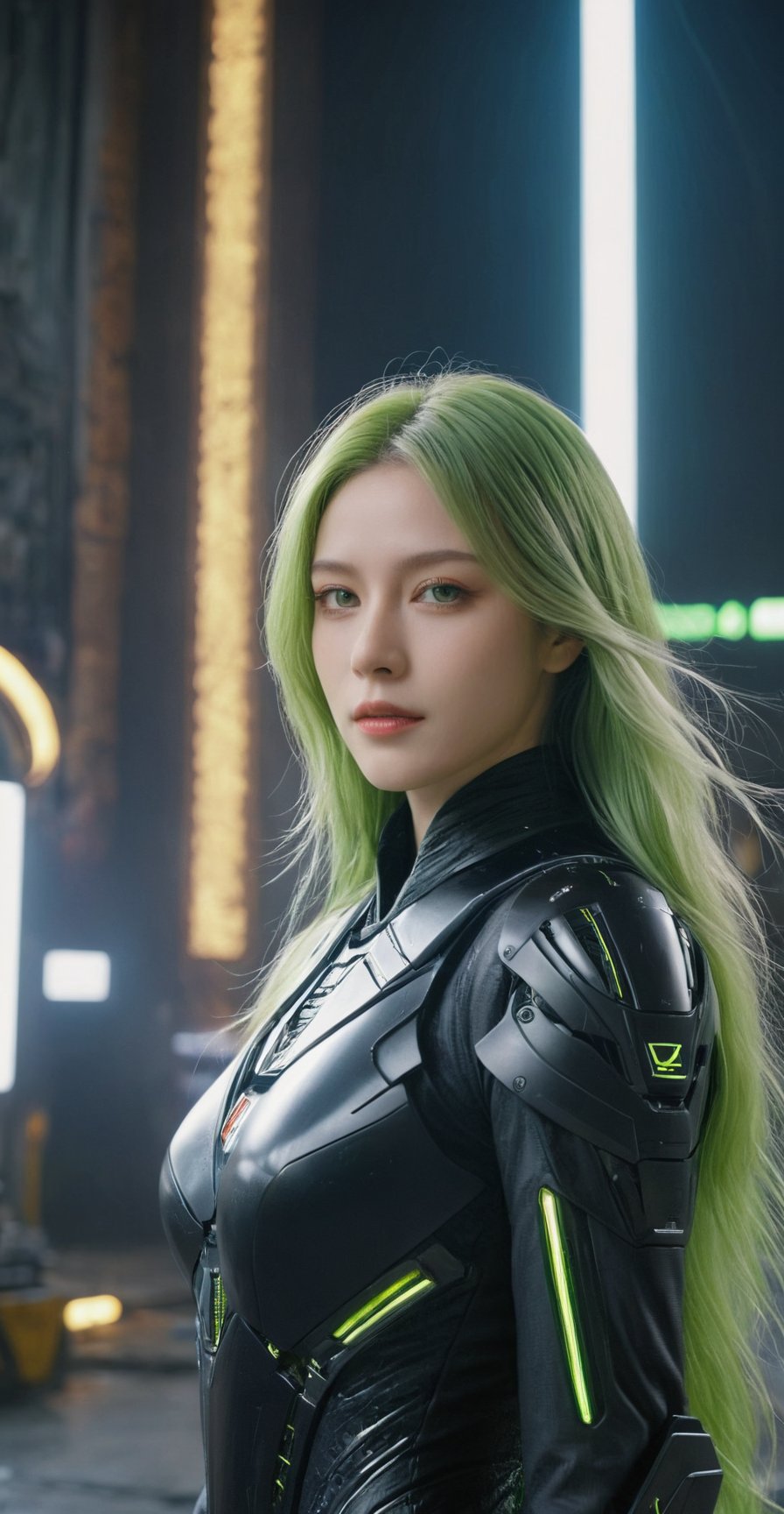 (ultra realistic,best quality),photorealistic,Extremely Realistic, in depth, cinematic light,mecha\(hubggirl)\,

Green eyes, lime green long hair. black_liquid_dress. ruins tech, spaceship. cinematic, particles, ethereal glow, atmosphere, volumetric lighting. sharp eyes,

particle effects, perfect hands, perfect lighting, vibrant colors, 
intricate details, high detailed skin, 
intricate background, realism, realistic, raw, analog, taken by Canon EOS,SIGMA Art Lens 35mm F1.4,ISO 200 Shutter Speed 2000,Vivid picture,