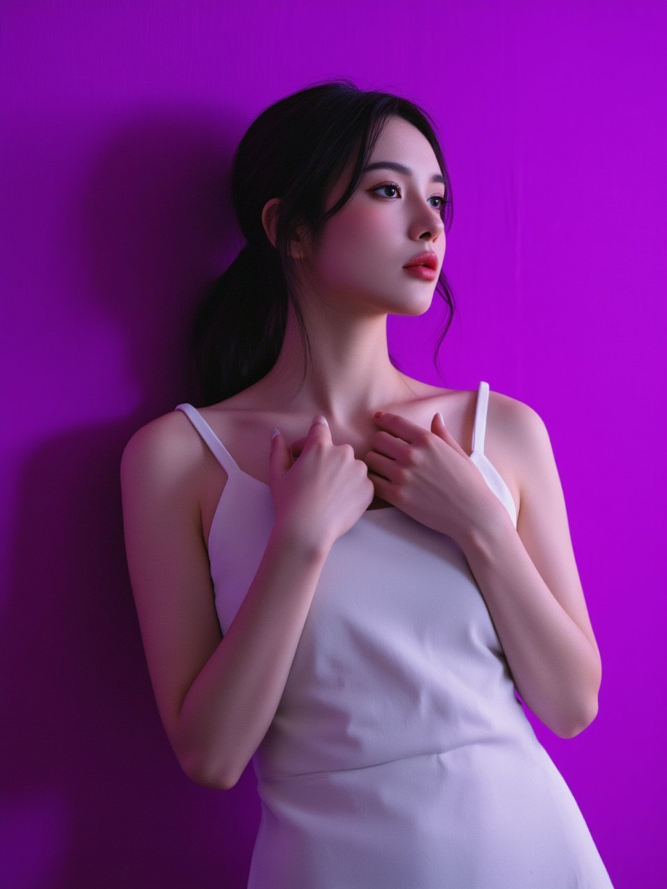 photorealistic,portrait of hubggirl, (ultra realistic,best quality),photorealistic,Extremely Realistic, in depth, cinematic light, 1girl, exquisite makeup, eye_contact, ambiguity, sexy pose, purple background, white dress, perfect lighting, vibrant colors, intricate details, high detailed skin, pale skin, intricate background, realism,realistic,raw,analog,portrait,photorealistic, taken by Canon EOS,SIGMA Art Lens 35mm F1.4,ISO 200 Shutter Speed 2000,Vivid picture,