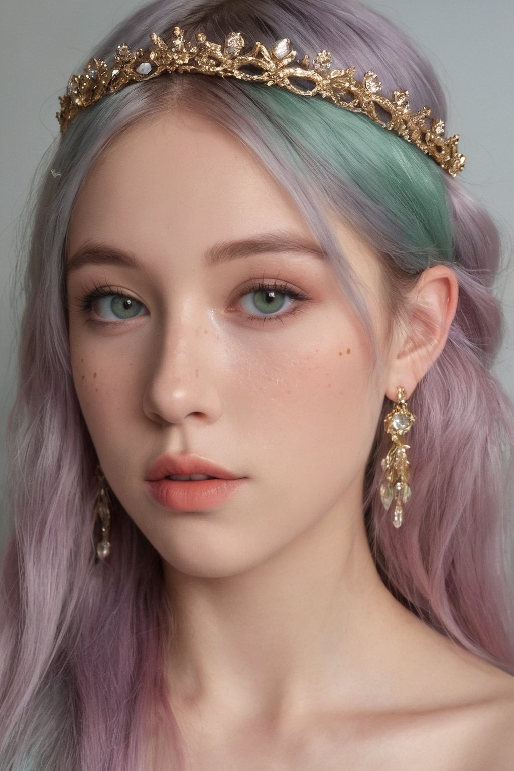 (ultra realistic,best quality),photorealistic,Extremely Realistic, in depth, cinematic light,hubggirl,

(masterpiece, best quality), High detailed, picture perfect face, blush, freckles, beautiful face, supermodel, colorful, (light green hair,multicolored hair), long hair,braids, side bun, golden tiara,perfectly textured skin,blue eyes,iridescent eyes, (perfect female body), (thic lips, broad lips), alluring, charming, beautiful, cute, tomboy, lipgloss, makeup,gold and gem earrings,Black top,thin fabric,