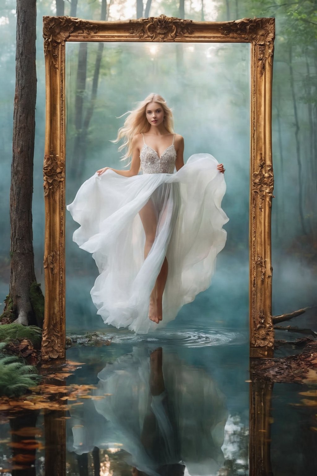 (masterpiece, top quality, super definition, 8K), crisp image, fantasy, wonderful, large rectangular mirror in center of flaming background, frame decorated with gold, beautiful girl in white emerging from mirror, perfect proportions, smiling woman, long beautifully tied blonde hair, she is jumping out of mirror, inside mirror reflects foggy forest and lake, soft focus, 3 point lighting, white foggy background, center crop, 