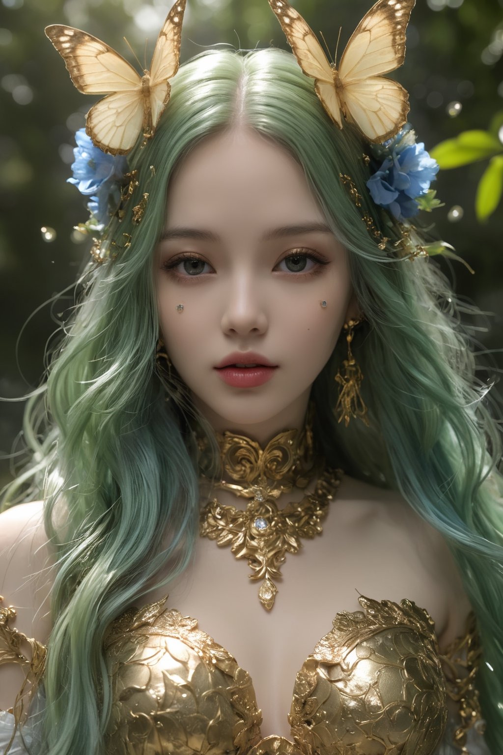 splash art, digital painting, alcohol ink painting, luminism, golden lines, BjD doll face, porcelain skin, baroque, long swirling green hair, lavish green leaves, falling blue flowers, celestial lighting, butterflies, tree branches, sky, golden glowing, water drops,

best quality, masterpiece, high res, absurd res,
perfect lighting, vibrant colors, intricate details,
high detailed skin, pale skin,
,HUBGGIRL, HUBG_Mecha_Armor,hubg_mecha_girl