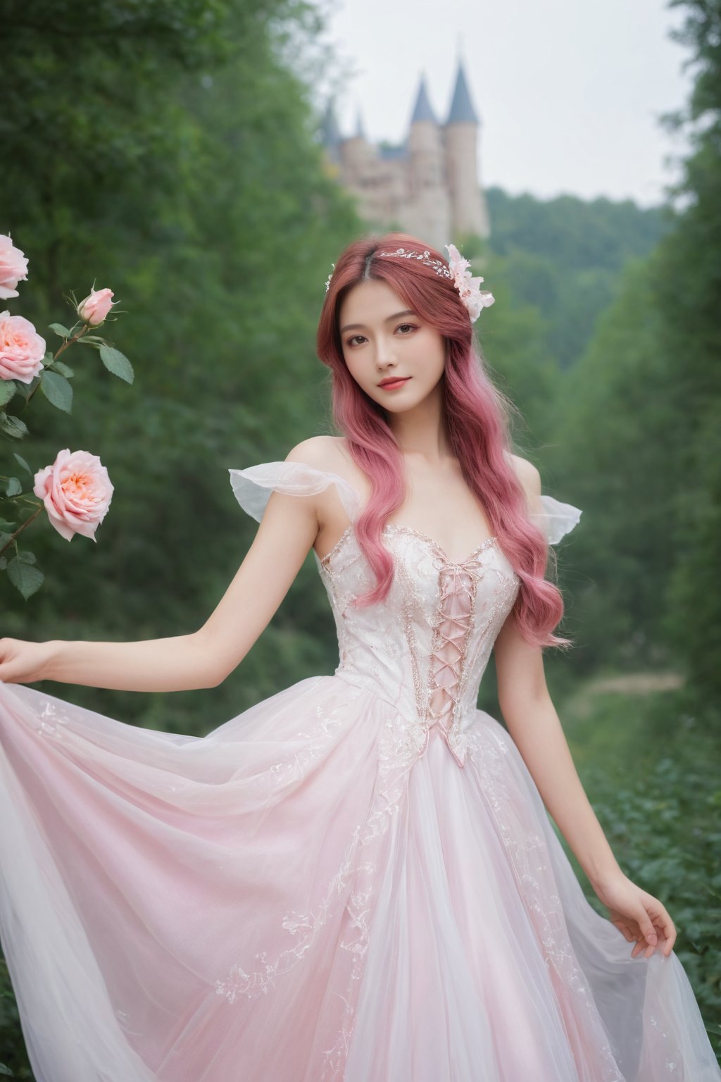 (ultra realistic,best quality),photorealistic,Extremely Realistic,in depth,cinematic light,hubggirl, 

BREAK 
princess, pink hair, pink eyes, pink dress, long hair, flowing hair, gentle smile, graceful, elegant, beautiful, delicate features, rose-themed, floral accents, magical aura, fantasy setting, soft lighting, magical glow, whimsical, dreamlike, enchanting atmosphere, storybook-like, fairytale-inspired, surrounded by nature, magical creatures, enchanting forest, glowing flowers, butterfly accessories, delicate butterfly wings, gentle breeze, flowing dress, peaceful, serene, magical powers, glowing eyes, magical symbols, enchanted rose, fairy tale castle, magical landscape, fantasy art, masterwork, 

BREAK 
perfect hands, perfect lighting, vibrant colors, intricate details, high detailed skin, intricate background, 
realistic, raw, analog, taken by Canon EOS,SIGMA Art Lens 35mm F1.4,ISO 200 Shutter Speed 2000,Vivid picture,More Reasonable Details