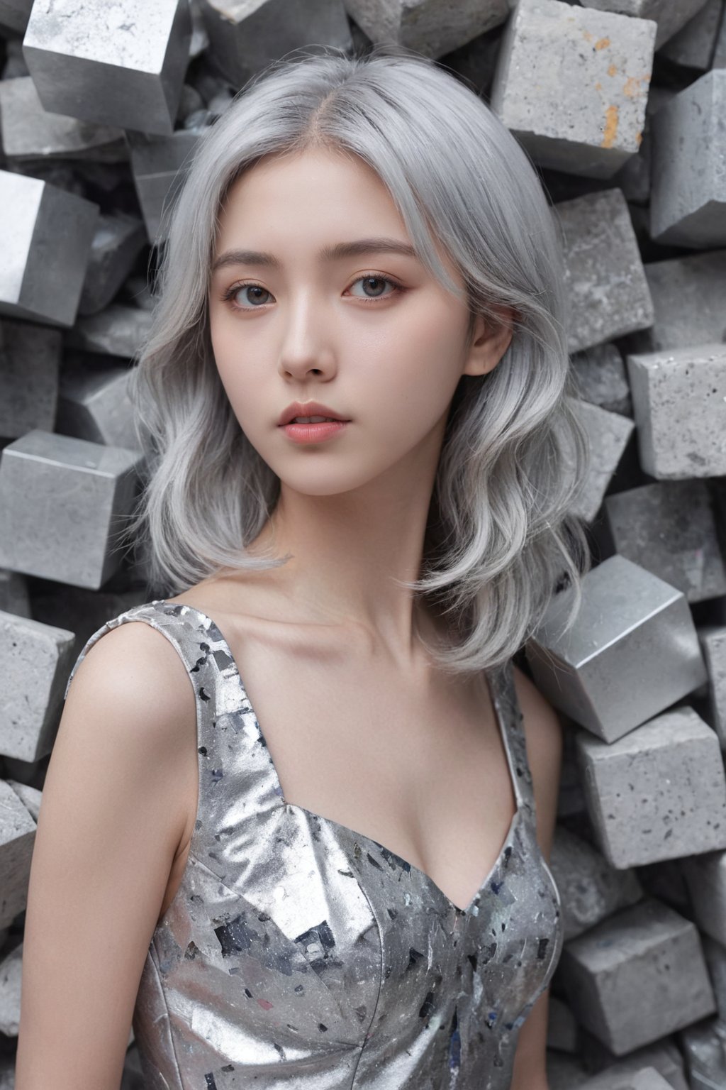 raw, photo, realistic BREAK 1girl,silver hair,beautiful facial features,silver dress,standing,cube,debris,stone,floating objects,geometric object,silver theme,dreamy mottled background,depth of field gradient,close-up,More Reasonable Details