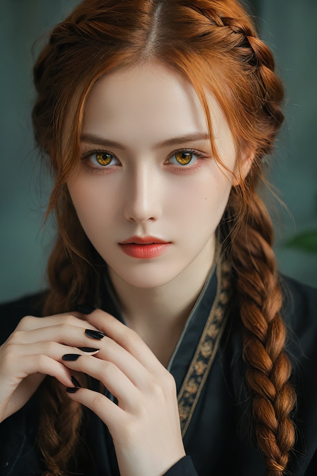 (ultra realistic,best quality),photorealistic,Extremely Realistic,in depth,cinematic light,hubggirl,

BREAK

stunning anime portrait of a red-haired girl with intense yellow eyes, close-up view, intricate hand details, braided hair, dark clothing, strong light and shadow contrasts, black nails, 17 years old, 

BREAK

dynamic poses, particle effects, perfect hands, perfect lighting, vibrant colors, intricate details, high detailed skin, intricate background, realistic, raw, analog, taken by Sony Alpha 7R IV, Zeiss Otus 85mm F1.4, ISO 100 Shutter Speed 1/400, Vivid picture, More Reasonable Details