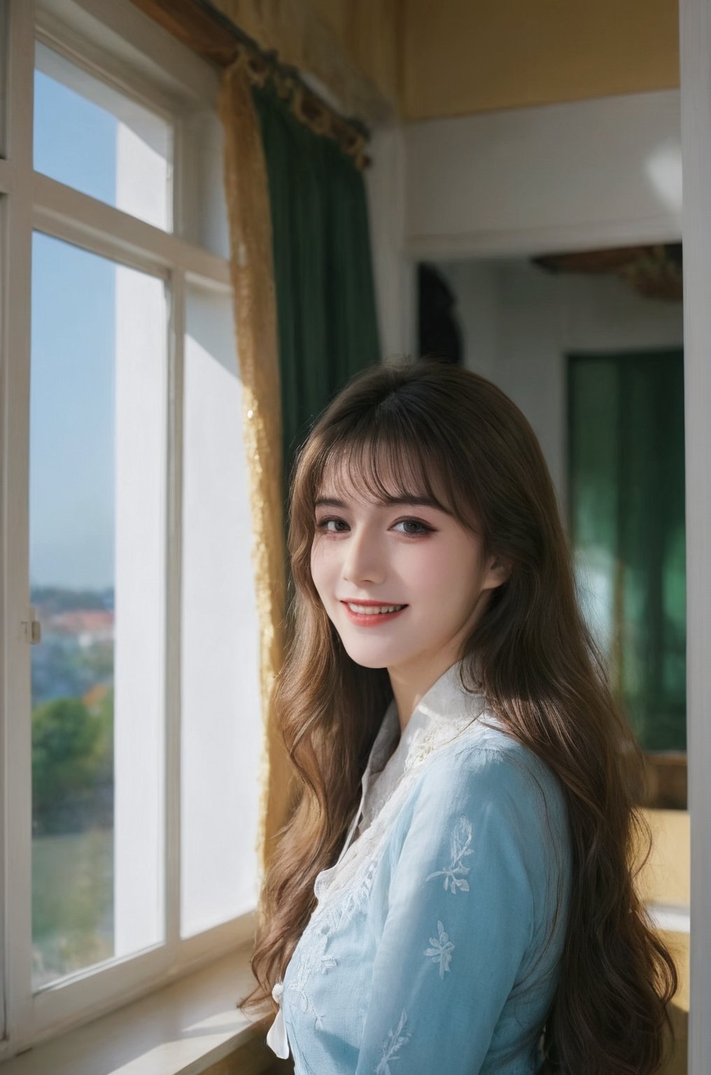  ultra wide field, ultra dynamic lighting amazing shadows, Deep photo,depth of field,shadows,
hubggirl, solo, long hair, looking at viewer, smile, bangs, brown hair, hair ornament, upper body, indoors, black eyes, lips, window, realistic