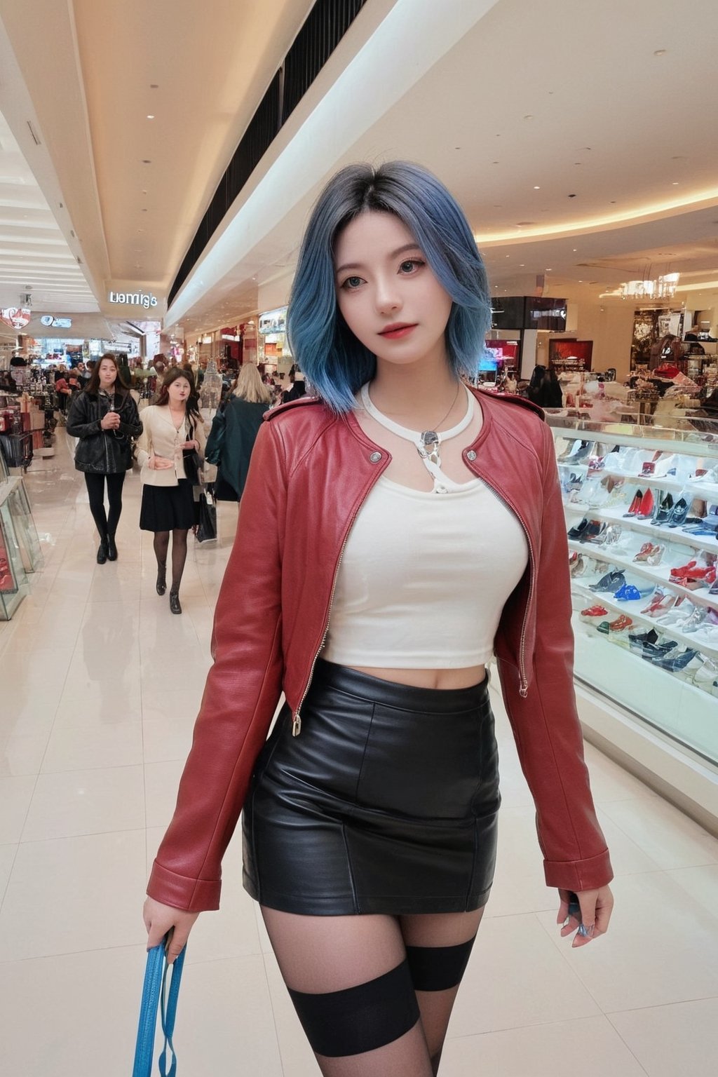 High quality, masterpiece, 1girl, sole_female, 21 years old, undercut blue hair, brigth_gray_ pupils, ,Sexy Women, red leather jacket, white crop top, black mini skirt, black pantyhose, walking through a shopping center,hubggirl