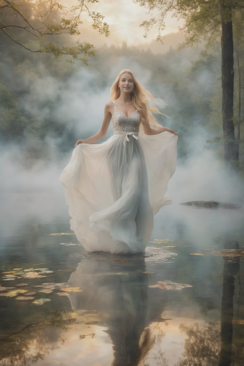 (masterpiece, top quality, super definition, 8K), crisp image, fantasy, wonderful, large rectangular mirror in center of flaming background, frame decorated with gold, beautiful girl in white emerging from mirror, perfect proportions, smiling woman, long beautifully tied blonde hair, she is jumping out of mirror, inside mirror reflects foggy forest and lake, soft focus, 3 point lighting, white foggy background, center crop, 