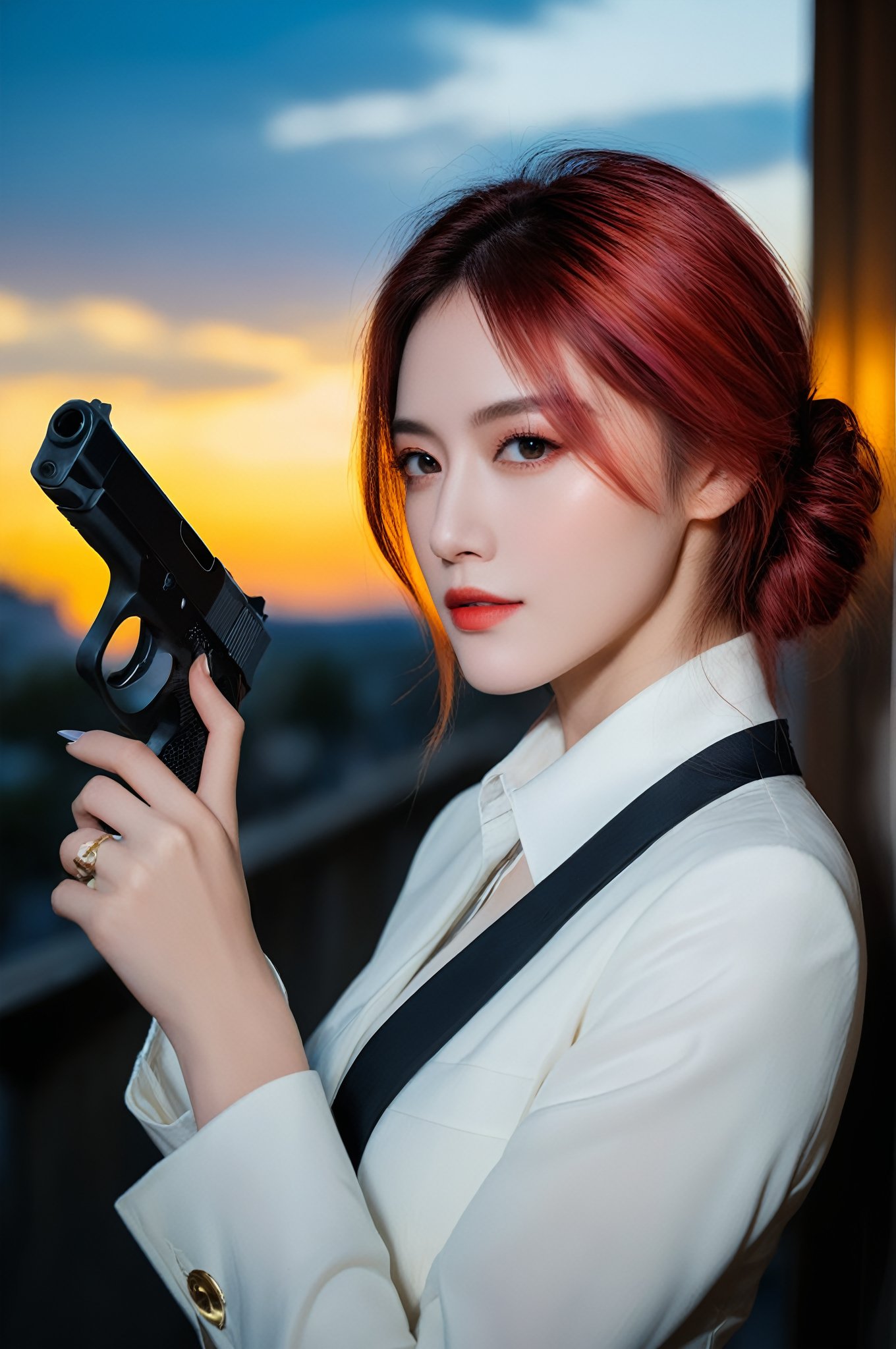 (ultra realistic,best quality),photorealistic,Extremely Realistic,in depth,cinematic light,hubggirl, 

BREAK 
pretty special agent woman aiming with pistol, dyed hair, sunset,dual pistols,

BREAK 
dynamic poses, particle effects, perfect hands, perfect lighting, vibrant colors, intricate details, high detailed skin, intricate background, realistic, raw, analog, taken by Sony Alpha 7R IV, Zeiss Otus 85mm F1.4, ISO 100 Shutter Speed 1/400, Vivid picture, More Reasonable Details,