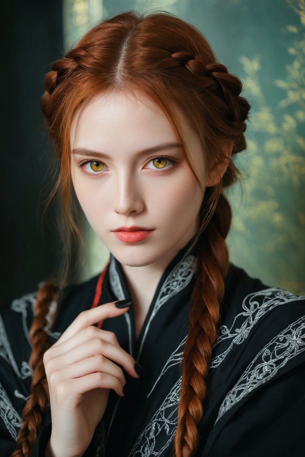 (ultra realistic,best quality),photorealistic,Extremely Realistic,in depth,cinematic light,hubggirl,

BREAK

stunning anime portrait of a red-haired girl with intense yellow eyes, close-up view, intricate hand details, braided hair, dark clothing, strong light and shadow contrasts, black nails, 17 years old, 

BREAK

dynamic poses, particle effects, perfect hands, perfect lighting, vibrant colors, intricate details, high detailed skin, intricate background, realistic, raw, analog, taken by Sony Alpha 7R IV, Zeiss Otus 85mm F1.4, ISO 100 Shutter Speed 1/400, Vivid picture, More Reasonable Details