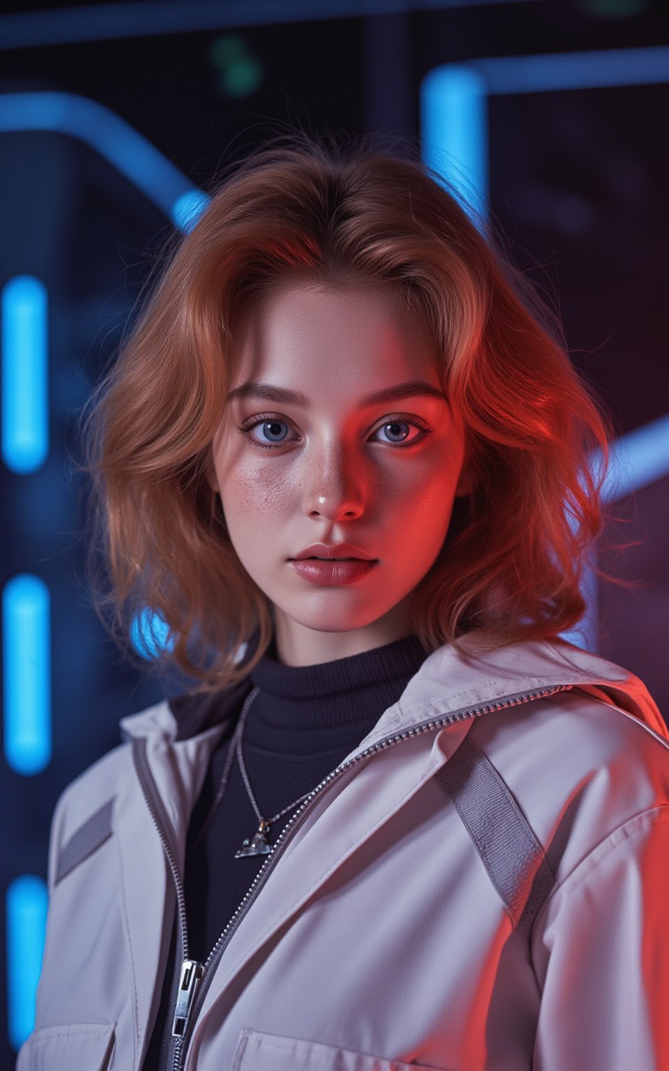 (ultra realistic,best quality),photorealistic,Extremely Realistic,in depth,cinematic light,hubggirl, BREAK photo of a ginger woman, in space, futuristic space suit, (freckles:0.8) cute face, sci-fi, dystopian, detailed eyes, blue eyes, BREAK dynamic poses, particle effects, perfect hands, perfect lighting, vibrant colors, intricate details, high detailed skin, intricate background, realistic, raw, analog, taken by Sony Alpha 7R IV, Zeiss Otus 85mm F1.4, ISO 100 Shutter Speed 1/400, Vivid picture, More Reasonable Details