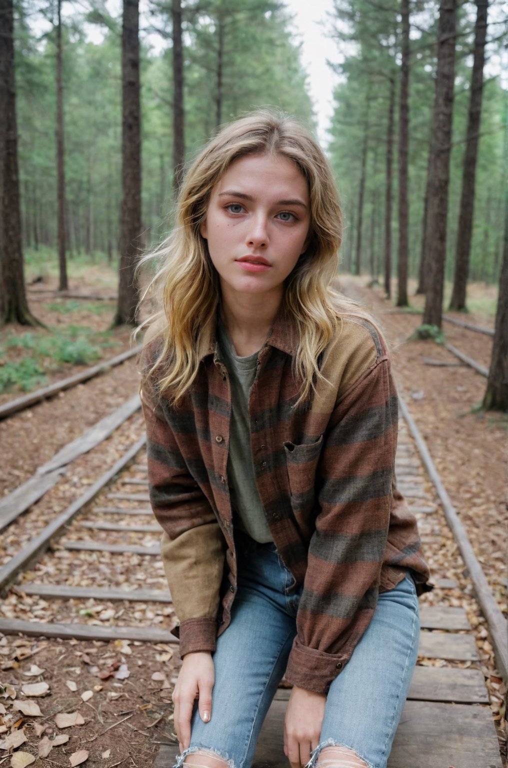 photograph of a woman, (baffled facial expression), textured skin, goosebumps, dirty blonde half-up half-down hair, oversized flannel shirt with ripped skinny jeans and combat boots, portrait, peaceful canopy walkway high above the forest floor offering a unique perspective on nature, perfect eyes, (chiaroscuro), Velvia 100 color, shot on Ilford HP5 Plus, bokeh, sharp focus on subject, shot by David Lachapelle