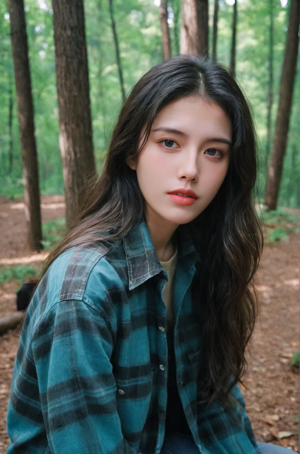 photograph of a woman, (baffled facial expression), textured skin, goosebumps, dirty black half-up half-down hair, oversized flannel shirt with ripped skinny jeans and combat boots, portrait, peaceful canopy walkway high above the forest floor offering a unique perspective on nature, perfect eyes, (chiaroscuro), Velvia 100 color, shot on Ilford HP5 Plus, bokeh, sharp focus on subject, shot by David Lachapelle