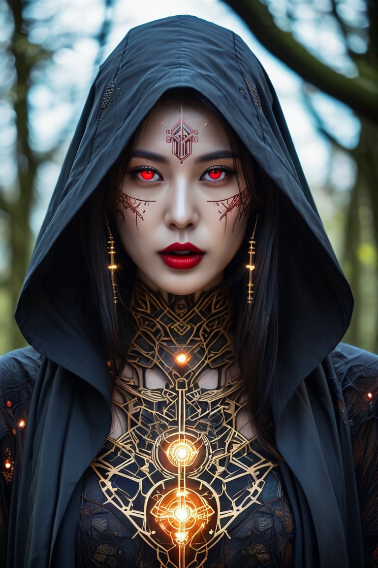 Cyberpunk priestess, pale face with intricate circuitry tattoos. Glowing red eyes, black lips. Ornate golden hood, dark robe. Mechanical neck and chest visible. Eerie forest background. Hyper-detailed, dramatic lighting, digital art style. Gothic and futuristic blend