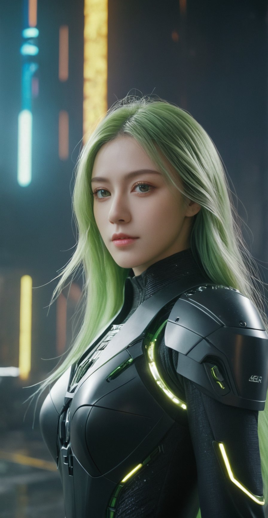 (ultra realistic,best quality),photorealistic,Extremely Realistic, in depth, cinematic light,mecha\(hubggirl)\,

Green eyes, lime green long hair. black_liquid_dress. ruins tech, spaceship. cinematic, particles, ethereal glow, atmosphere, volumetric lighting. sharp eyes,

particle effects, perfect hands, perfect lighting, vibrant colors, 
intricate details, high detailed skin, 
intricate background, realism, realistic, raw, analog, taken by Canon EOS,SIGMA Art Lens 35mm F1.4,ISO 200 Shutter Speed 2000,Vivid picture,