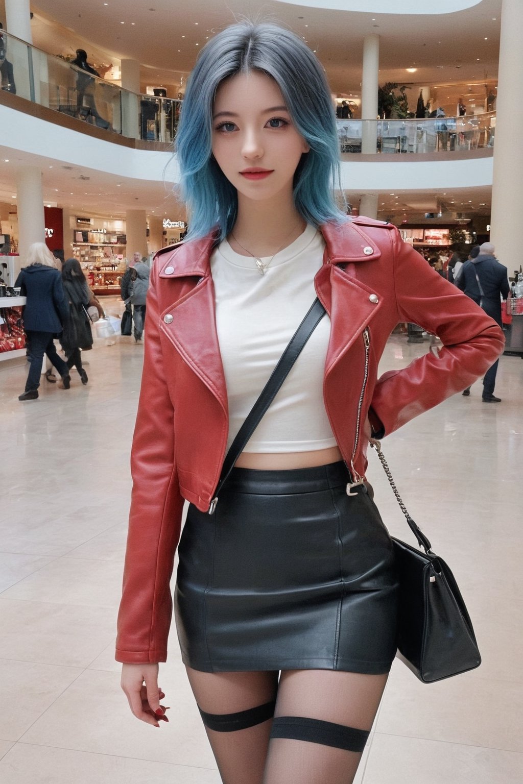 High quality, masterpiece, 1girl, sole_female, 21 years old, undercut blue hair, brigth_gray_ pupils, ,Sexy Women, red leather jacket, white crop top, black mini skirt, black pantyhose, walking through a shopping center,hubggirl