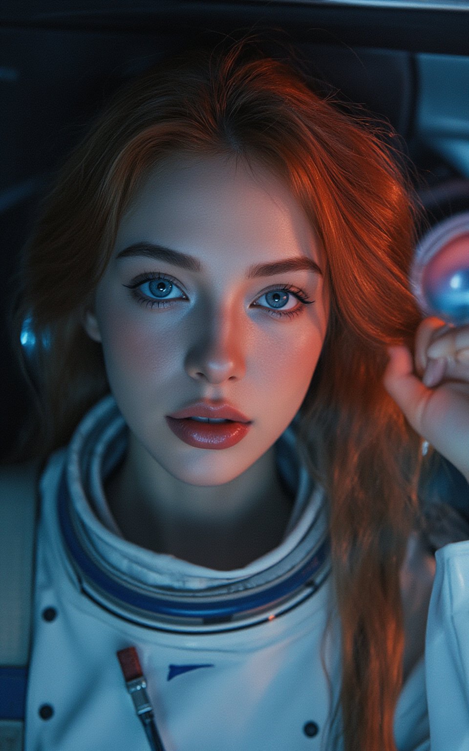 (ultra realistic,best quality),photorealistic,Extremely Realistic,in depth,cinematic light,hubggirl, BREAK photo of a ginger woman, in space, futuristic space suit, (freckles:0.8) cute face, sci-fi, dystopian, detailed eyes, blue eyes, BREAK dynamic poses, particle effects, perfect hands, perfect lighting, vibrant colors, intricate details, high detailed skin, intricate background, realistic, raw, analog, taken by Sony Alpha 7R IV, Zeiss Otus 85mm F1.4, ISO 100 Shutter Speed 1/400, Vivid picture, More Reasonable Details