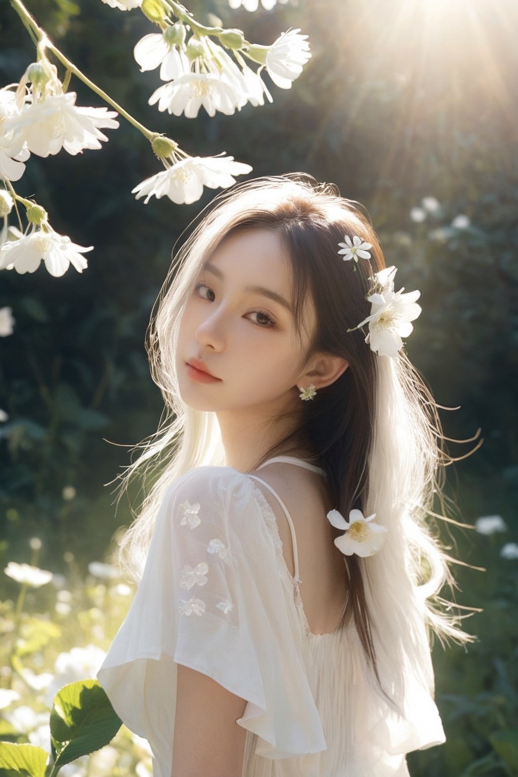  8K,raw,1girl,white flower, sunlight, HUBG_Beauty_Girl,