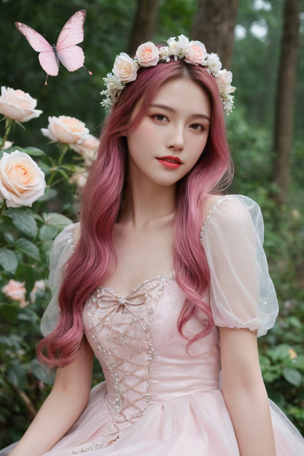 (ultra realistic,best quality),photorealistic,Extremely Realistic,in depth,cinematic light,hubggirl, 

BREAK 
princess, pink hair, pink eyes, pink dress, long hair, flowing hair, gentle smile, graceful, elegant, beautiful, delicate features, rose-themed, floral accents, magical aura, fantasy setting, soft lighting, magical glow, whimsical, dreamlike, enchanting atmosphere, storybook-like, fairytale-inspired, surrounded by nature, magical creatures, enchanting forest, glowing flowers, butterfly accessories, delicate butterfly wings, gentle breeze, flowing dress, peaceful, serene, magical powers, glowing eyes, magical symbols, enchanted rose, fairy tale castle, magical landscape, fantasy art, masterwork, 

BREAK 
perfect hands, perfect lighting, vibrant colors, intricate details, high detailed skin, intricate background, 
realistic, raw, analog, taken by Canon EOS,SIGMA Art Lens 35mm F1.4,ISO 200 Shutter Speed 2000,Vivid picture,More Reasonable Details