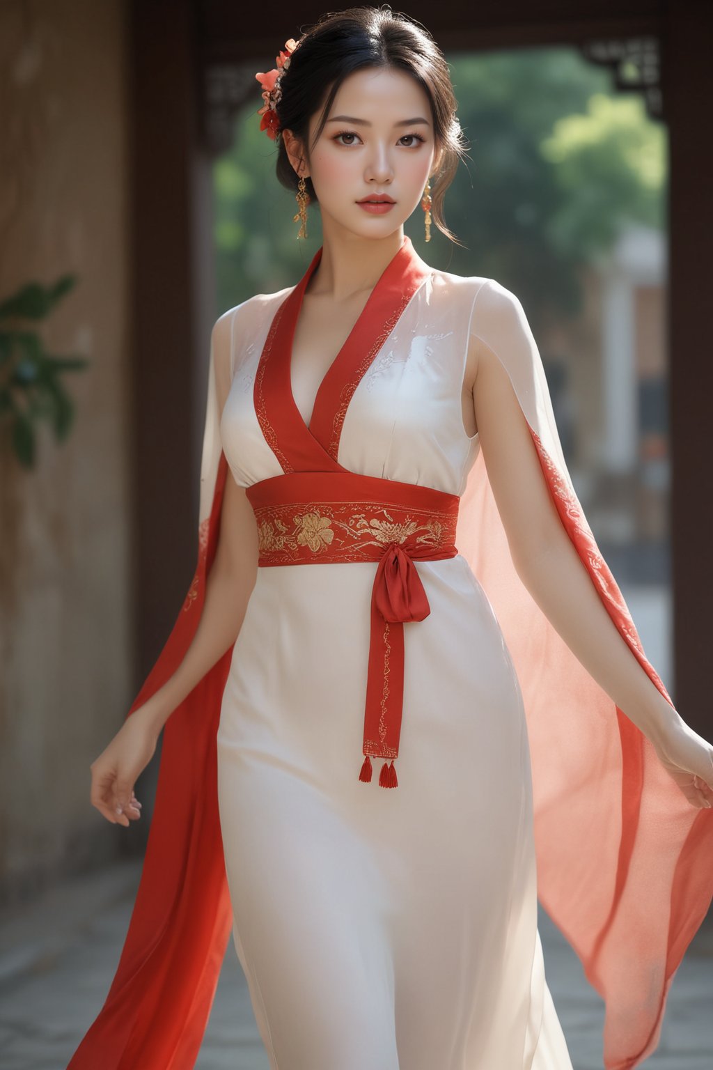 masterpiece,hubggirl,white dress,upper body,walking,looking at viewer, masterpiece,32k,extremely detailed cg unity 8k wallpaper, best quality, vibrant colors, break, china goddess, see through,1girl, long hair, black hair,dodger red see through clothes,gold dress,transparent shawl,1girl,red hanfu,earrings,best quality,masterpiece,raw photo, detailed face, beautiful symmetrical face, cute natural makeup, sadness, feminine, highly detailed, oriental minimalism, subtle elegance, hd , in the style of elegant clothing, realistic yet ethereal, simplistic designs, oriental, whimsical shapes, serene harmony beautiful symmetrical face, elegant, feminine, highly detailed, intricate,best quality, ultra-detailed, masterpiece, hires, 8k,(photorealistic),transparent,skin white and smooth,transparent shawl,high heels,