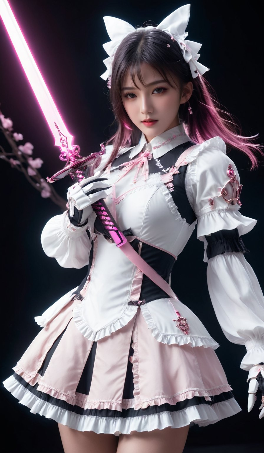 masterpiece, best quality, ultra-detailed, best shadow, detailed background,dark fantasy, mecha\(hubggirl)\,

hubggirl with White Lolita outfit ,holding a glowing pink sword upwards,

dynamic poses, particle effects, perfect hands,
beautiful detailed face, high contrast, best illumination, an extremely delicate and beautiful, 
cinematic light, colorful, hyper detail, dramatic light, intricate details,