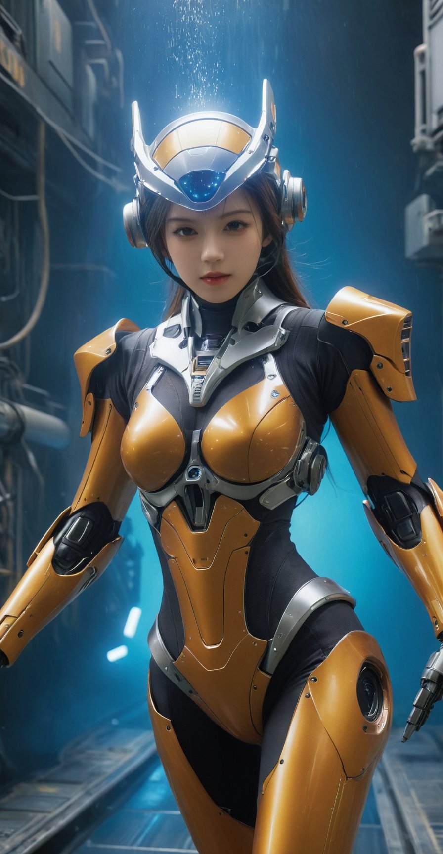 (ultra realistic,best quality),photorealistic,Extremely Realistic, in depth, cinematic light,mecha\(hubggirl)\,

a girl, thunder Orange, tight suit,Space helmet of the 1990s,and the anime series ace, Fantastic Surrealism, Post-apocalyptic, Cute Illustration, Bio-Robotic Art, Fantasy Digital Painting, alien planet Landscapes, Space Dragon with a futurastic underwater helm Fantasy, Art, Surrealism, Geomorphologie-Kunst, Fluid Art, Underwater Photography, Biomechanical Sculpture, Kemono, Beautiful Girl Turned to the Camera, Blue Background, 

particle effects, perfect hands, perfect lighting, vibrant colors, 
intricate details, high detailed skin, 
intricate background, realism, realistic, raw, analog, taken by Canon EOS,SIGMA Art Lens 35mm F1.4,ISO 200 Shutter Speed 2000,Vivid picture,