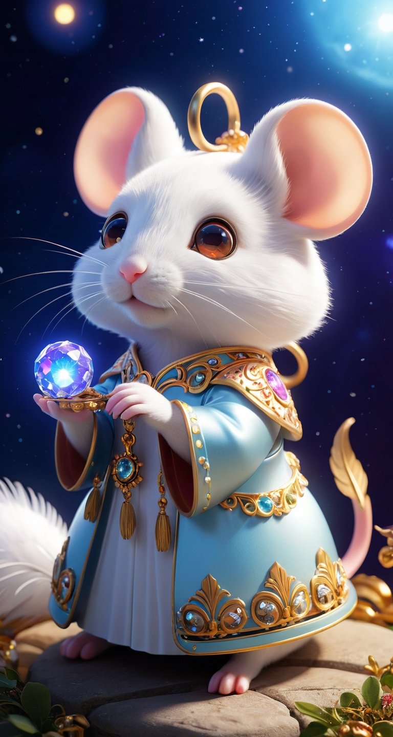 A mouse  white , small and cute,generate a celestial adorable non-human animal in the style of celestial and fantasy. the animal should be the most beautiful animal ever created. Consider details like fluffy and feathers and silk and satin and shimmer and glimmer. Include subtle details of phantasmal iridescence. emphasize small details of fantasy and ornate jewels. camera: utilize interesting and dynamic composition. enhance visual interest. lighting: use ambient lighting that enhances the ambiance of fantasy. include bold colors and deep shadows. hires, detailed eyes, hires detailed eyes, hires small details, ornate, intricate details, 8k, shimmer, unity, official cgi unreal engine, high resolution, (((masterpiece))), high quality, highres, detail enhancement, (bright and clear eyes), ,More Reasonable Details