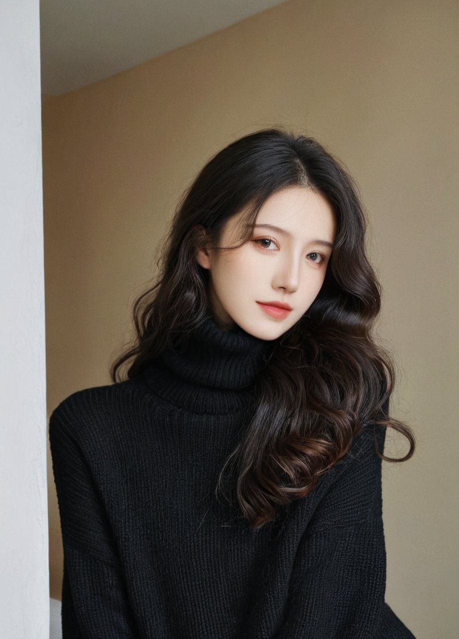 raw, photo, realistic BREAK an woman,clean skin,wearing a black turtleneck sweater,soft hair,black long curly hair,looking at the camera,More Reasonable Details,hubggirl,Chinese girl