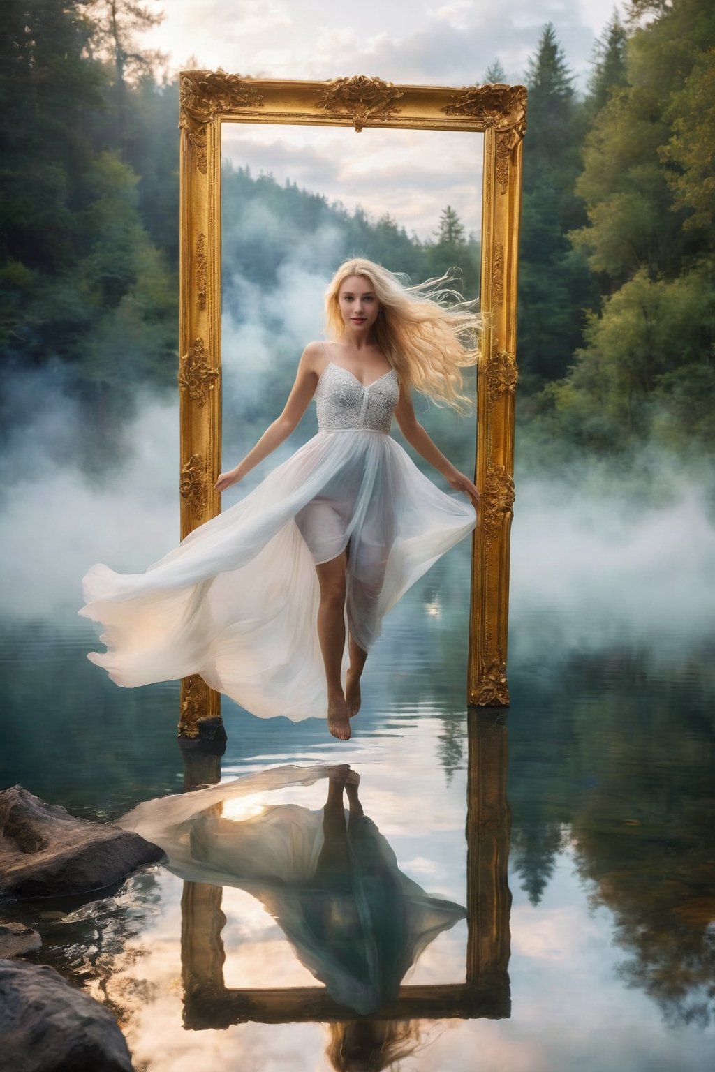 (masterpiece, top quality, super definition, 8K), crisp image, fantasy, wonderful, large rectangular mirror in center of flaming background, frame decorated with gold, beautiful girl in white emerging from mirror, perfect proportions, smiling woman, long beautifully tied blonde hair, she is jumping out of mirror, inside mirror reflects foggy forest and lake, soft focus, 3 point lighting, white foggy background, center crop, ,hubgwomen