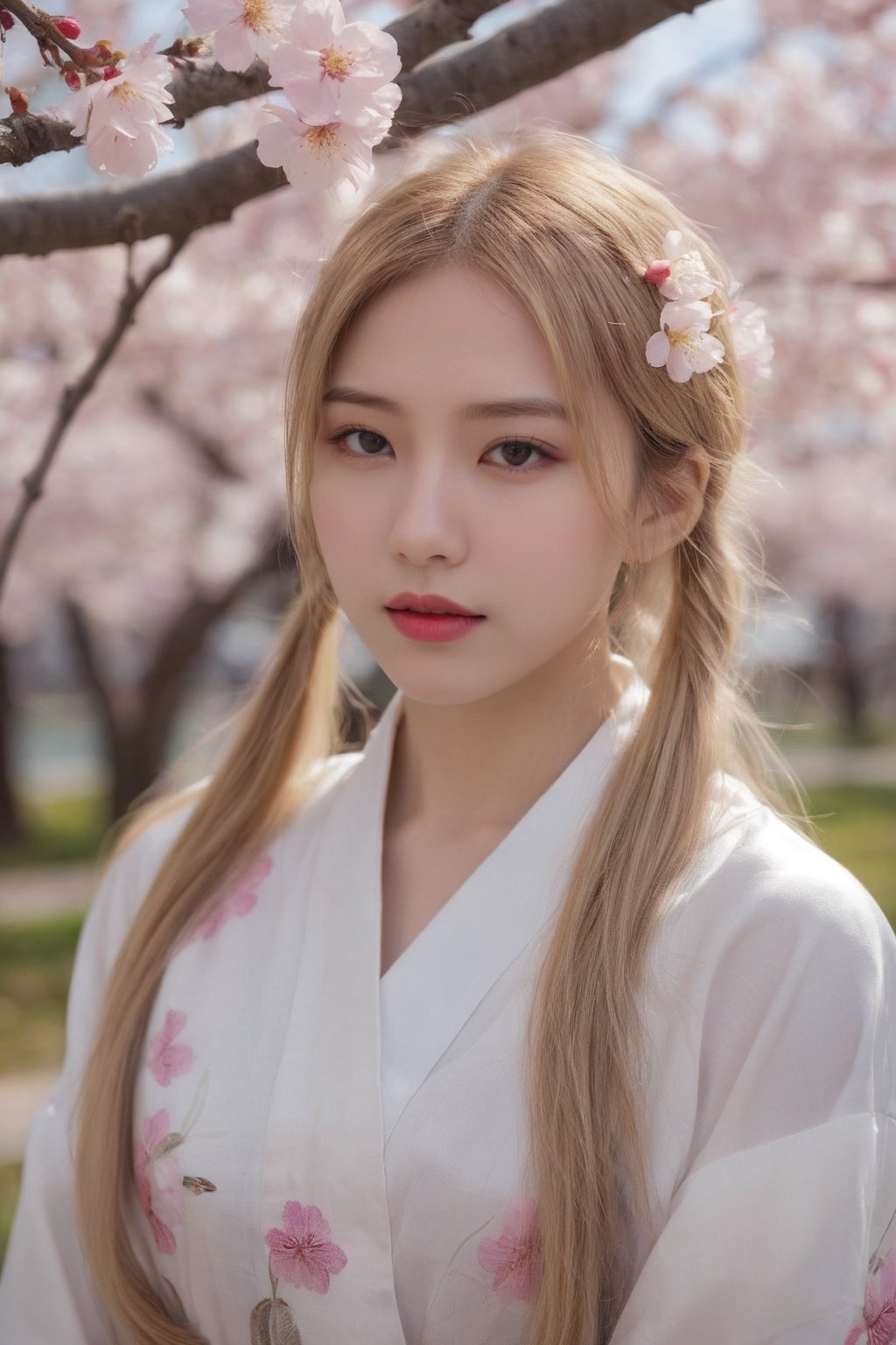 (ultra realistic,best quality),photorealistic,Extremely Realistic, in depth, cinematic light,portrait of a beautiful 21yo hubggirl, luminism, golden lines,extreme detailed, 
Ivory hair and eyes, twintails, contemptuous, leaning, sakura blossom, upper body, 
Amidst cherry blossoms, portraits capture exquisite beauty, resembling scenes from high-definition films. Each detail, from delicate petals to ethereal light, exudes cinematic perfection, painting a portrait of sublime elegance.