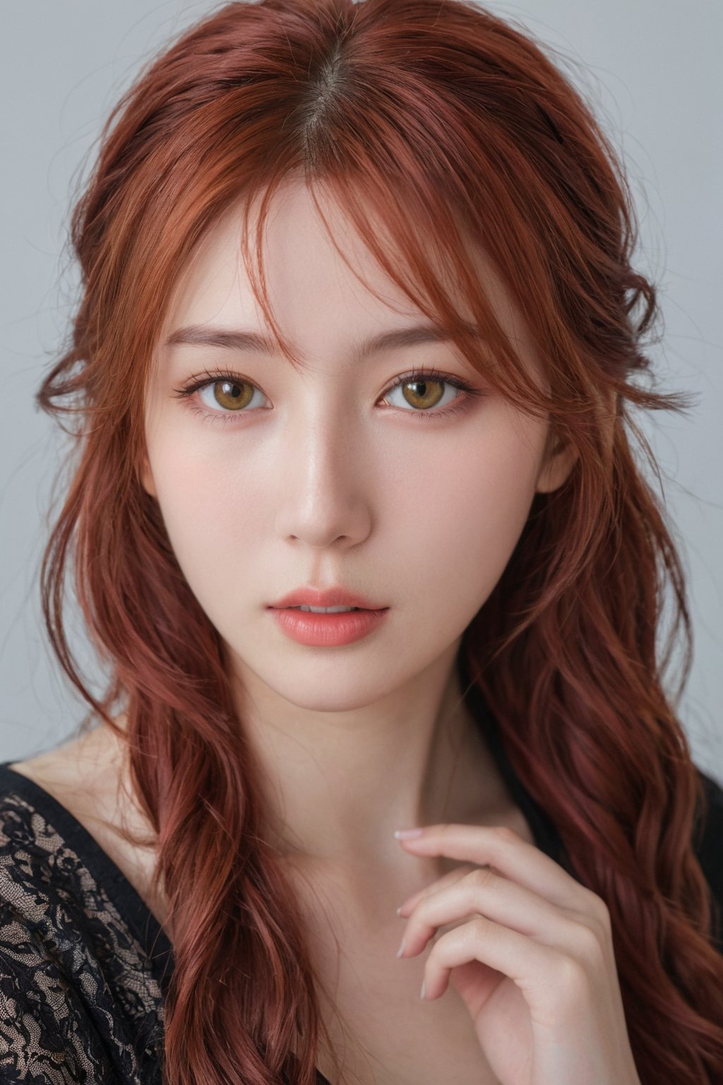 Create an ultra-realistic, photorealistic image of a stunning anime portrait of a red-haired girl with intense yellow eyes, showcasing intricate hand details and braided hair. Capture her in a close-up view, dressed in dark clothing with strong light and shadow contrasts accentuating her features. Her 17-year-old face should be rendered with perfect skin texture, realistic pores, and subtle facial expressions. The background should be equally detailed, with vibrant colors and dynamic particles swirling around her, as if taken by a Sony Alpha 7R IV camera with a Zeiss Otus 85mm F1.4 lens, ISO 100, shutter speed 1/400, resulting in a vivid picture with an analog feel.