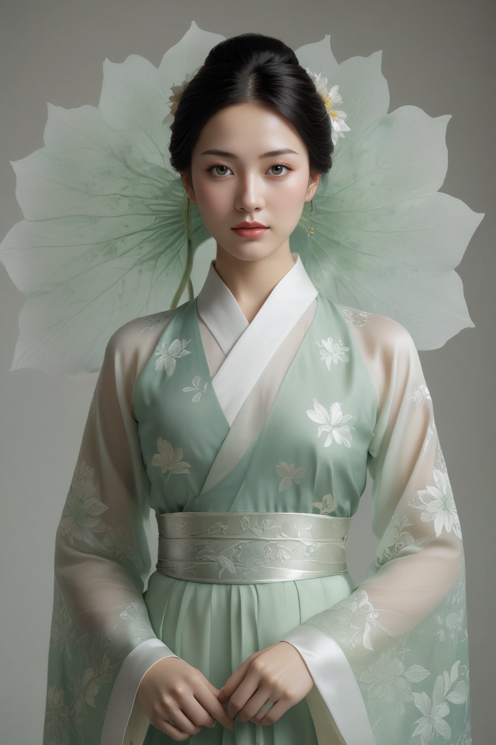 (ultra realistic,best quality),photorealistic,Extremely Realistic,in depth,cinematic light,hubggirl, BREAK breathtaking ancient chinese beauty, wearing hanfu, standing by one enormous lotus leave with intricate patterns, median transparent/translucent lotus leave, soft glow, in the style of albert watson, minimalism, light emerald and white, simple white background, surrealist, feminine sensibilities . award-winning, professional, highly detailed