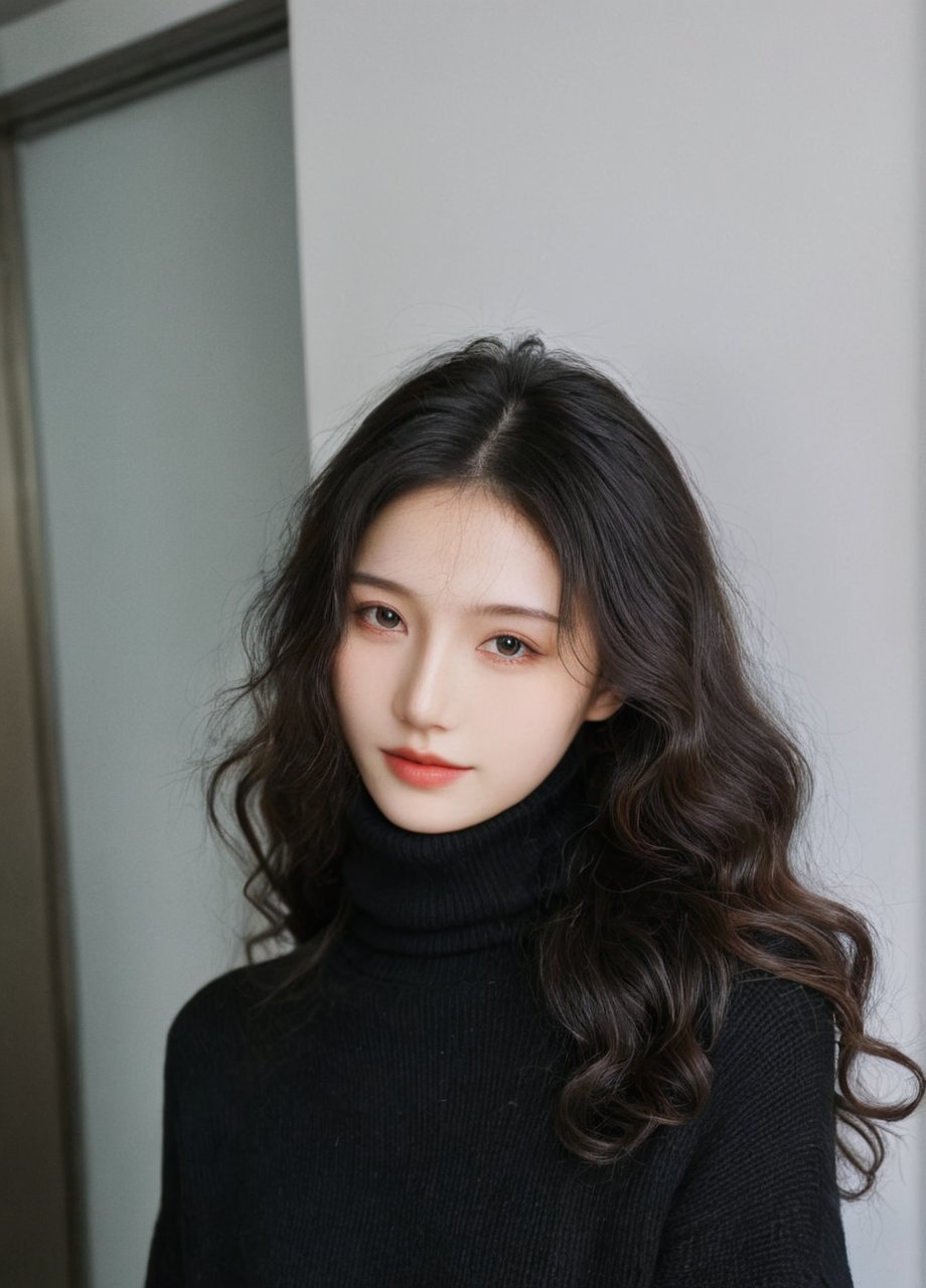 raw, photo, realistic BREAK an woman,clean skin,wearing a black turtleneck sweater,soft hair,black long curly hair,looking at the camera,More Reasonable Details,hubggirl,Chinese girl