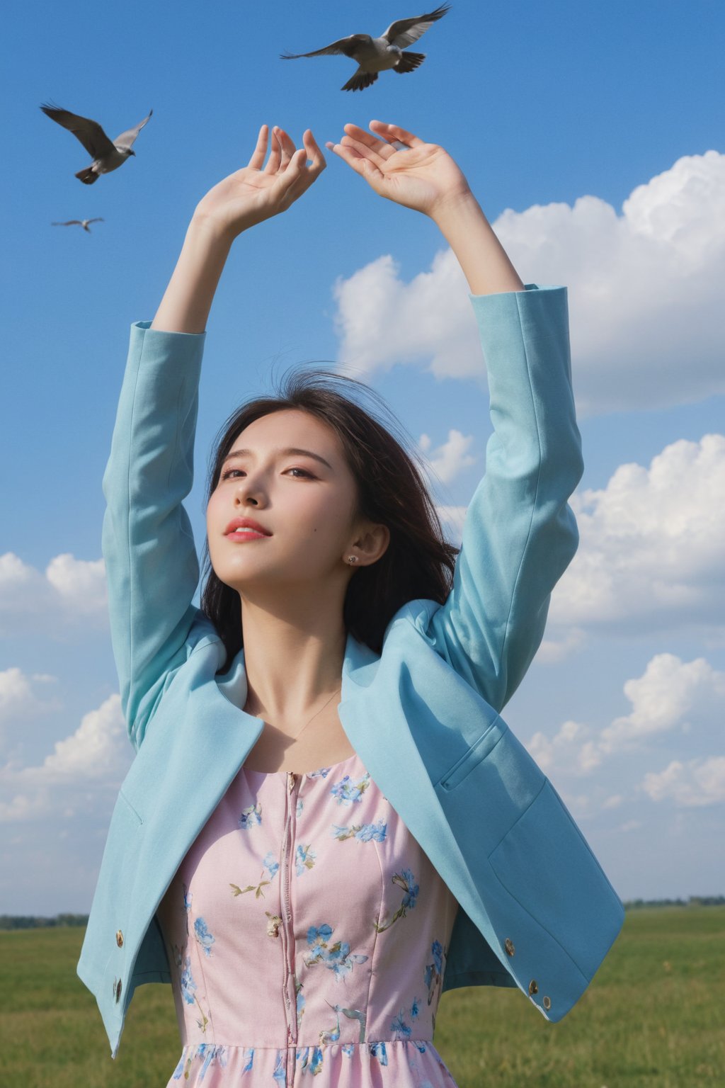 photorealistic,Extremely Realistic,in depth,cinematic light,hubggirl,

BREAK 
A young woman with tousled hair, wearing a pink jacket and a light blue floral dress. She is seen in a joyful pose, lifting her arms and adjusting a pink visor over her eyes. The backdrop is a vast sky with fluffy white clouds and three birds in flight. The overall mood of the image is one of freedom and carefreeness,

BREAK 
perfect hands, perfect lighting, vibrant colors, intricate details, high detailed skin, intricate background, 
realistic, raw, analog, taken by Canon EOS,SIGMA Art Lens 35mm F1.4,ISO 200 Shutter Speed 2000,Vivid picture,More Reasonable Details