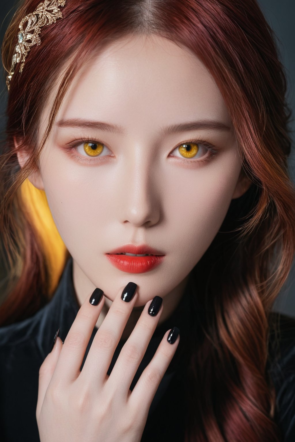 (ultra realistic,best quality),photorealistic,Extremely Realistic,in depth,cinematic light,hubggirl,

BREAK

stunning anime portrait of a red-haired girl with intense yellow eyes, close-up view, intricate hand details, strong light and shadow contrasts, black nails, 21 years old, 

BREAK

dynamic poses, particle effects, perfect hands, perfect lighting, vibrant colors, intricate details, high detailed skin, intricate background, realistic, raw, analog, taken by Sony Alpha 7R IV, Zeiss Otus 85mm F1.4, ISO 100 Shutter Speed 1/400, Vivid picture, More Reasonable Details