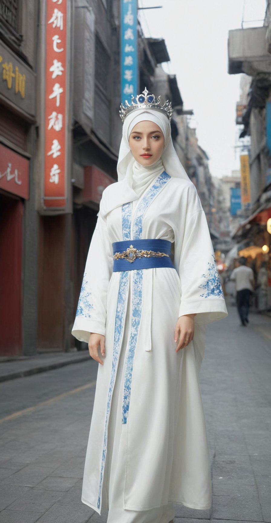 (ultra realistic,best quality),photorealistic,Extremely Realistic, in depth, cinematic light,mecha\(hubggirl)\,

BREAK , 
A realistic full-body length digital model poster in photorealistic style featuring a young woman with fully hijab, white hijab and blue eyes, wearing queen's crown, wearing a kimono, white kimono, leggings, wearing white robe, wearing high heels, with futuristic elements, standing confidently with hands at hip, 

BREAK , 
particle effects, perfect hands, perfect lighting, vibrant colors, 
intricate details, high detailed skin, 
intricate background, realism, realistic, raw, analog, taken by Canon EOS,SIGMA Art Lens 35mm F1.4,ISO 200 Shutter Speed 2000,Vivid picture,