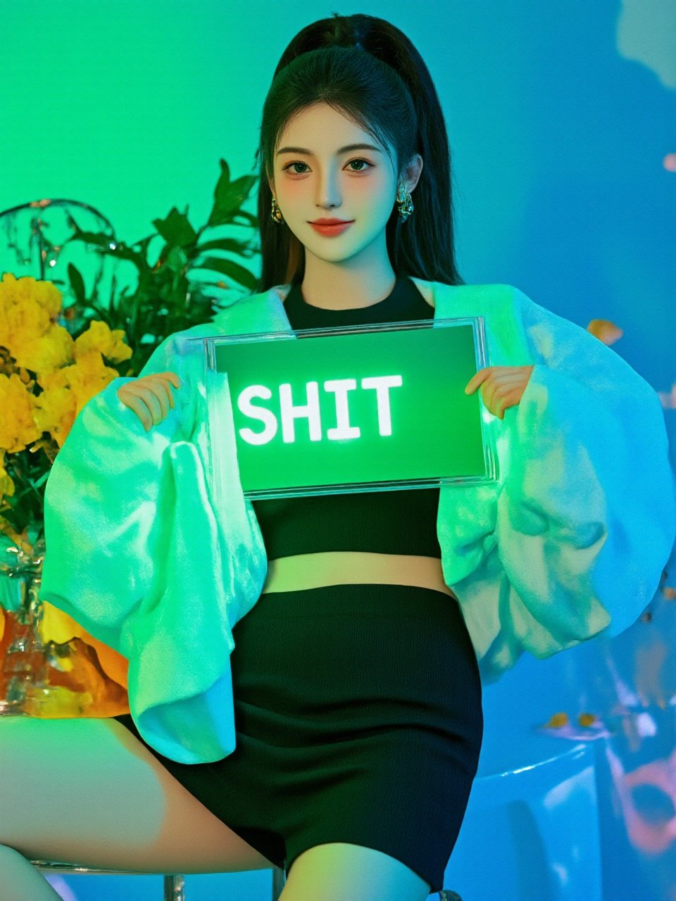 photorealistic,portrait of hubggirl, A South Korean K-pop girl stands heroically against a neon-lit backdrop of electric blue and lime green hues, her technicolor hairstyle shining like a beacon amidst the kaleidoscope colors. Radiant smile beams within Lime Green ambient light as she holds a 'SHIT' sign in Lime Green, with photo-realistic details bringing her to life. Framed by vibrant cityscapes, she's dressed in a modern battle costume, leaving waist and legs exposed to showcase toned physique. Long dark brown or black hair tied up in ponytail highlights elegant facial features. In the next scene, she's enhanced with SKP technology, standing out in tight blue-black jumpsuit amidst military atmosphere filled with intense vibrations, iconic fans with metal blades glinting light as she prepares for combat.