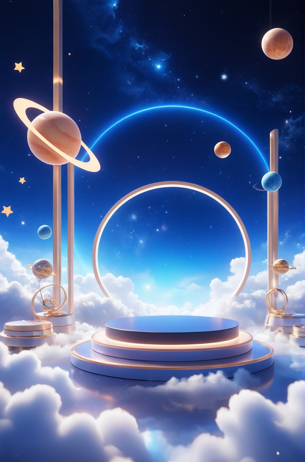 3D\(hubgstyle)\,
a round podium on the ground in the middle, cosmos theme, clouds, starry sky, planets in the sky, glowing beam in the background, 

professional 3d model, anime artwork pixar, 3d style, good shine, OC rendering, highly detailed, volumetric, dramatic lighting, 