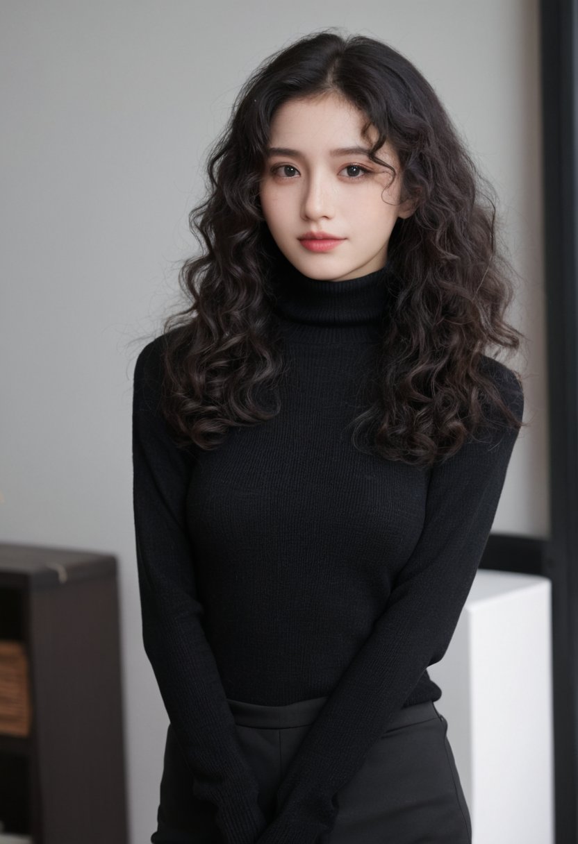 raw, photo, realistic BREAK an woman,clean skin,wearing a black turtleneck sweater,soft hair,black long curly hair,looking at the camera,