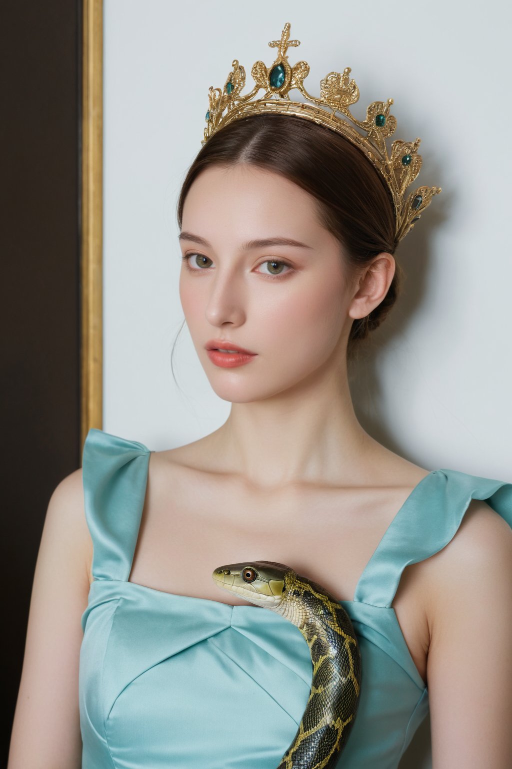 photorealistic,Extremely Realistic,in depth,cinematic light,hubggirl,

BREAK 
arafed woman in a light green blue dress and a snake with a crown on her head, inspired by Lucas Cranach the Elder, inspired by Agnolo Bronzino, inspired by Dino Valls, inspired by Hendrik Goltzius, inspired by Parmigianino, inspired by Sofonisba Anguissola, inspired by Lucas Cranach the Younger,

BREAK 
perfect hands, perfect lighting, vibrant colors, intricate details, high detailed skin, intricate background, 
realistic, raw, analog, taken by Canon EOS,SIGMA Art Lens 35mm F1.4,ISO 200 Shutter Speed 2000,Vivid picture,More Reasonable Details