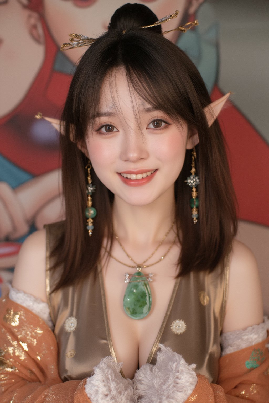 Pingping_hubggirl, 
Portrait of a 21-year-old hubggirl, solo and direct at the viewer with a warm smile. She wears an ensemble of luxurious gold-trim jewelry, including long earrings and a bow hair ornament. A stunning Agate necklace and Emerald bracelet adorn her neck and wrist, respectively, while Diamonds and Onyx add subtle sparkle. Her eyes are framed by Wangyushan's signature eyeglasses. Set against a backdrop of vibrant colors, the scene is bathed in bright natural light, showcasing every detail with high contrast HDR photography.