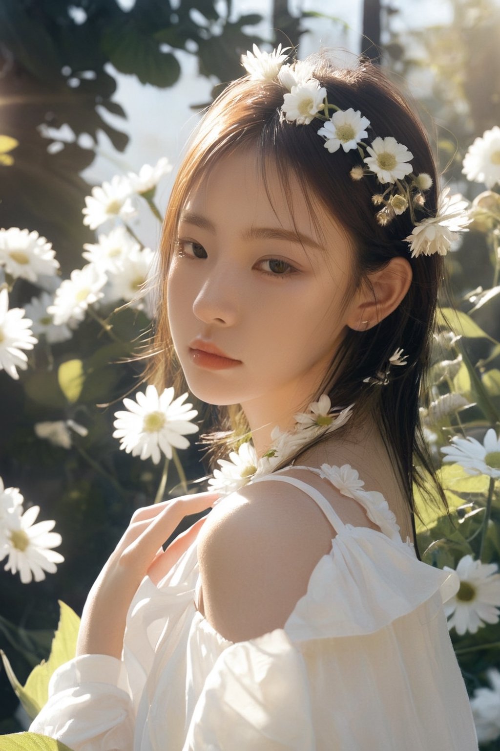  8K,raw,1girl,white flower, sunlight, HUBG_Beauty_Girl,