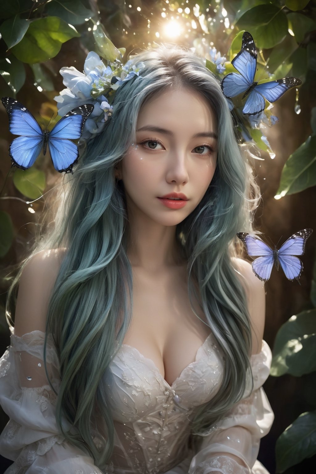 (ultra realistic,best quality),photorealistic,Extremely Realistic, in depth, cinematic light,hubggirl,
porcelain skin, baroque, long swirling green hair, lavish green leaves, falling blue flowers, celestial lighting, butterflies, tree branches, sky, golden glowing, water drops,

perfect lighting, vibrant colors, intricate details,
high detailed skin, pale skin,
intricate background, realism,realistic,raw,analog,portrait,photorealistic,
taken by Canon EOS,SIGMA Art Lens 35mm F1.4,ISO 200 Shutter Speed 2000,Vivid picture