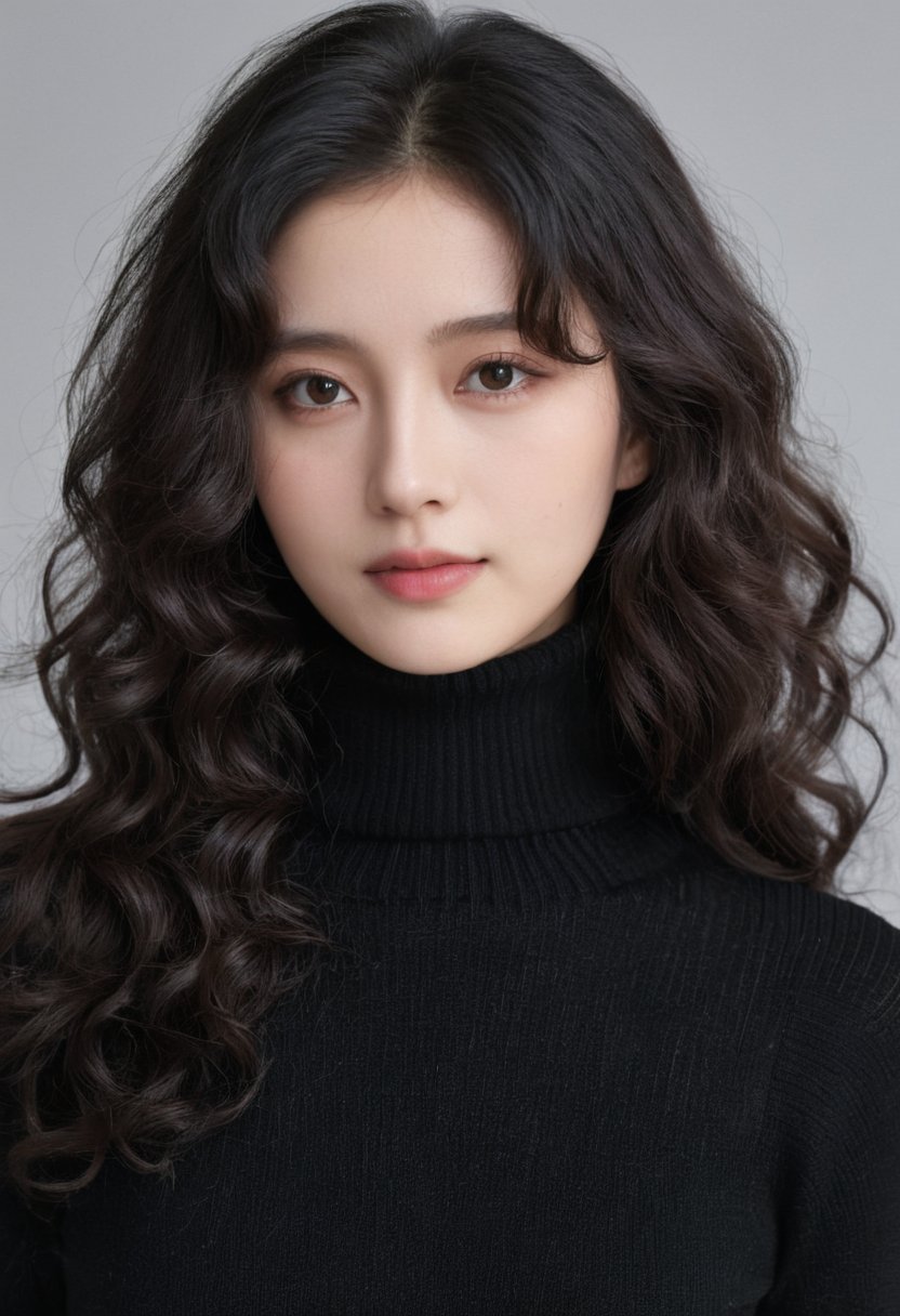 raw, photo, realistic BREAK an woman,clean skin,wearing a black turtleneck sweater,soft hair,black long curly hair,looking at the camera,