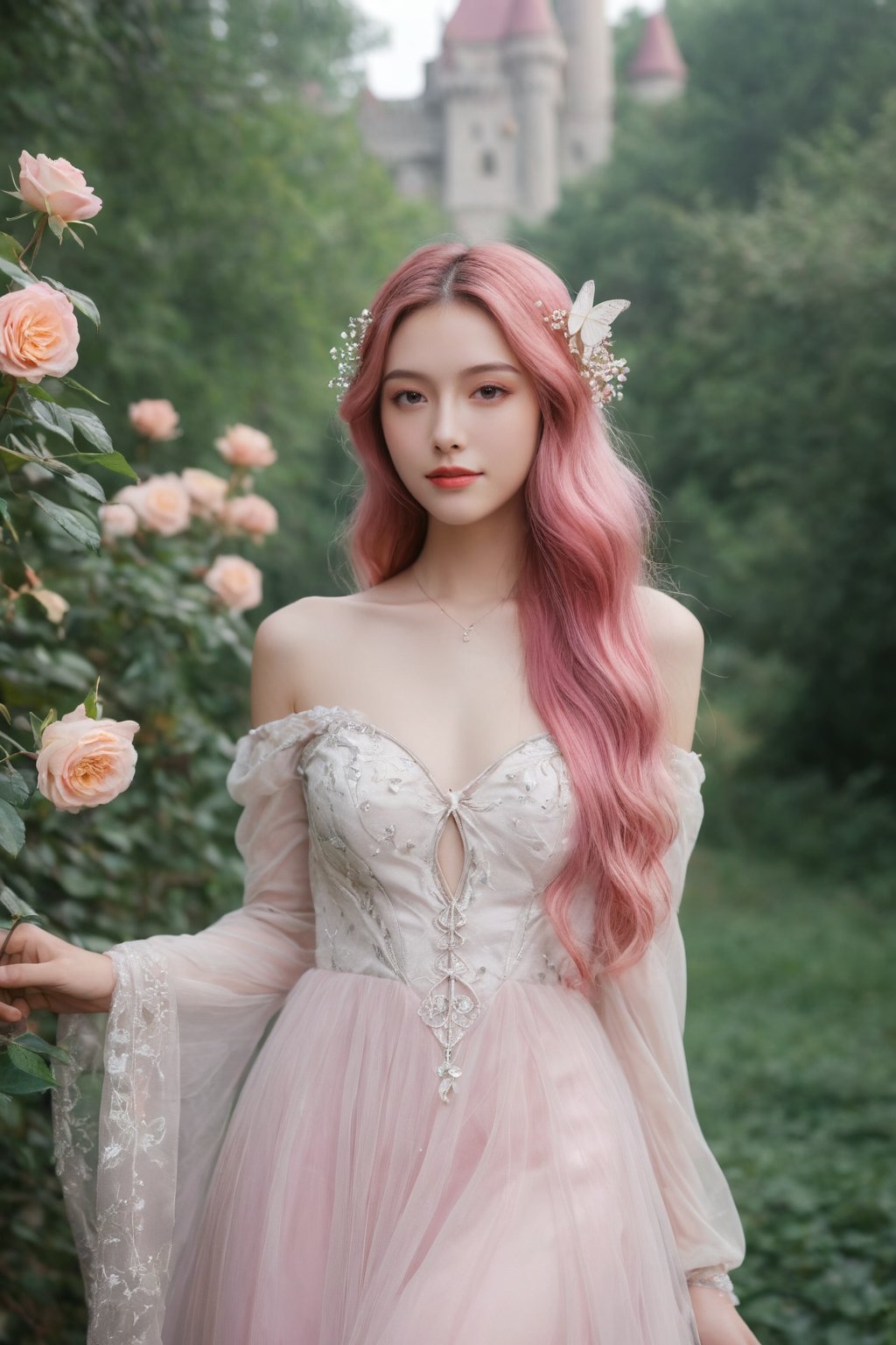 (ultra realistic,best quality),photorealistic,Extremely Realistic,in depth,cinematic light,hubggirl, 

BREAK 
princess, pink hair, pink eyes, pink dress, long hair, flowing hair, gentle smile, graceful, elegant, beautiful, delicate features, rose-themed, floral accents, magical aura, fantasy setting, soft lighting, magical glow, whimsical, dreamlike, enchanting atmosphere, storybook-like, fairytale-inspired, surrounded by nature, magical creatures, enchanting forest, glowing flowers, butterfly accessories, delicate butterfly wings, gentle breeze, flowing dress, peaceful, serene, magical powers, glowing eyes, magical symbols, enchanted rose, fairy tale castle, magical landscape, fantasy art, masterwork, 

BREAK 
perfect hands, perfect lighting, vibrant colors, intricate details, high detailed skin, intricate background, 
realistic, raw, analog, taken by Canon EOS,SIGMA Art Lens 35mm F1.4,ISO 200 Shutter Speed 2000,Vivid picture,More Reasonable Details