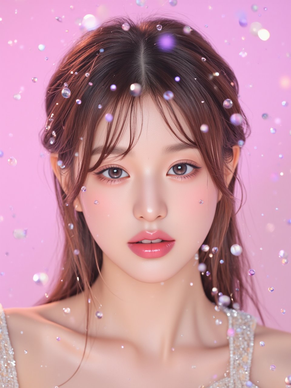 photorealistic,portrait of hubggirl, A South Korean K-pop girl with full body shot, 
The beautiful girl's gaze pierces through the frame, her bright, big, and vivid eyes sparkling with a fearless intensity. Her upper body is clothed in luxurious attire, shimmering with intricate details that seem to dance across her skin. Water droplets glisten on the light pink gradient background, refracting subtle hints of pink and purple. Tiny ink drops suspended in mid-air add an air of mystique, as delicate light particles swirl around her, infusing the atmosphere with a sense of wonder.