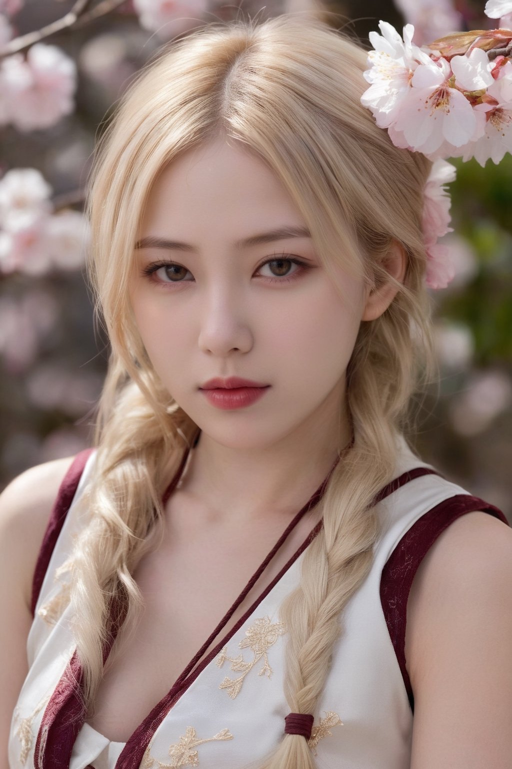 (ultra realistic,best quality),photorealistic,Extremely Realistic, in depth, cinematic light,portrait of a beautiful hubggirl, luminism, golden lines,
beautiful 21yo girl, extreme detailed, 
Ivory hair, twintails, Ivory eyes, contemptuous, leaning, sakura blossom, upper body, Ivory vest