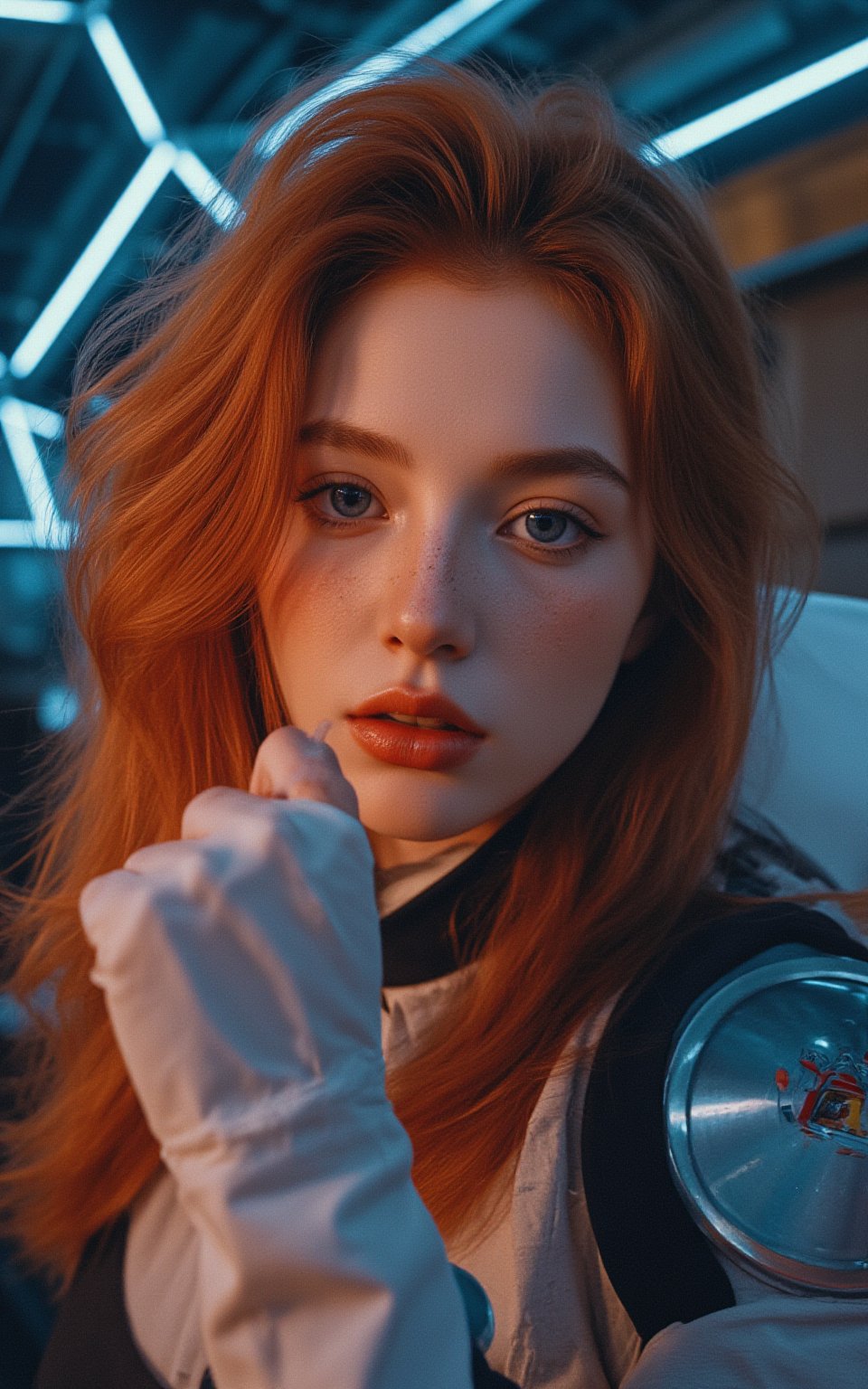 (ultra realistic,best quality),photorealistic,Extremely Realistic,in depth,cinematic light,hubggirl, BREAK photo of a ginger woman, in space, futuristic space suit, (freckles:0.8) cute face, sci-fi, dystopian, detailed eyes, blue eyes, BREAK dynamic poses, particle effects, perfect hands, perfect lighting, vibrant colors, intricate details, high detailed skin, intricate background, realistic, raw, analog, taken by Sony Alpha 7R IV, Zeiss Otus 85mm F1.4, ISO 100 Shutter Speed 1/400, Vivid picture, More Reasonable Details