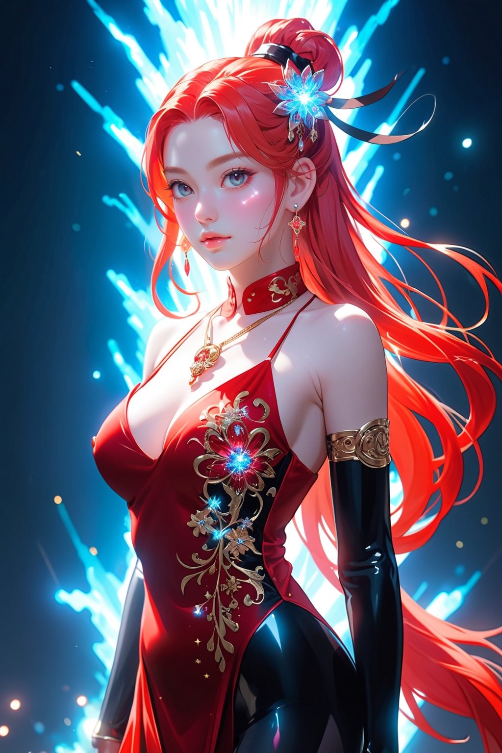 best quality, 4K, masterpiece, 8K, 1 girl, solo, alone, ultra quality, sfw, perfect hands, detailed, very detailed, perfect head, perfect light, perfect eyes, 30 years old, goddess, red hair color, sparkling hair, very long hair, lot of tiny crystals on hair, ribbons, hair ribbons, gray eyes, crystallized closed chinese dress, big magic necklace, earrings, huge breasts, huge tits, glowing aura, looking at viewer, standing, crystal town, more detail XL, glitter, shiny, full body, full subject in shot