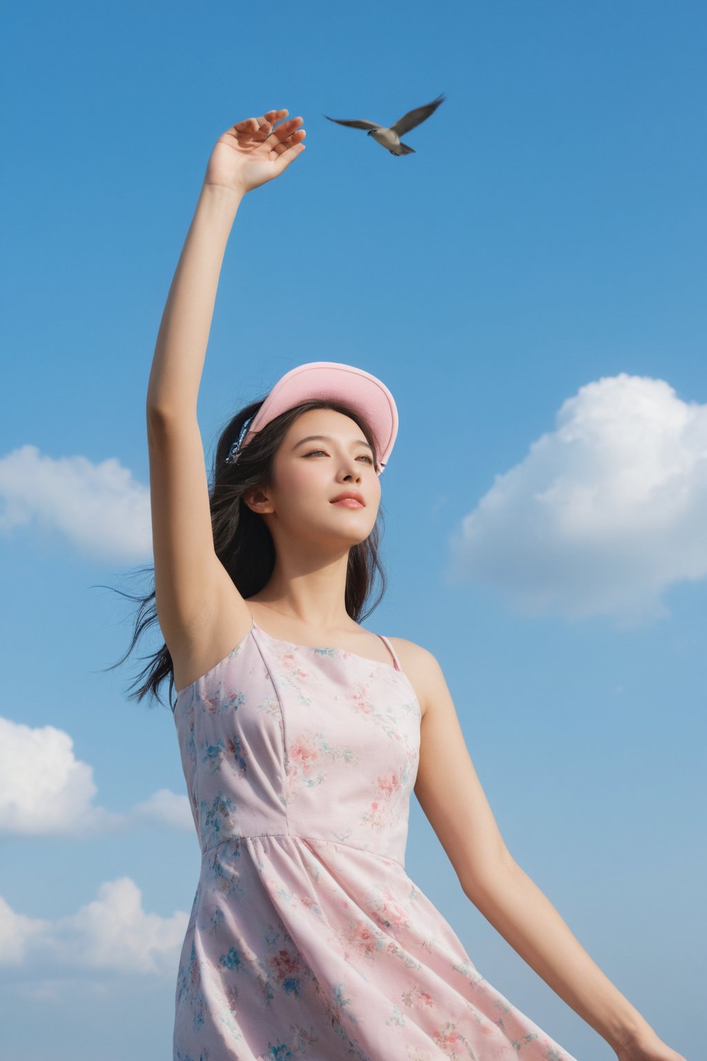 photorealistic,Extremely Realistic,in depth,cinematic light,hubggirl,

BREAK 
A young woman with tousled hair, wearing a pink jacket and a light blue floral dress. She is seen in a joyful pose, lifting her arms and adjusting a pink visor over her eyes. The backdrop is a vast sky with fluffy white clouds and three birds in flight. The overall mood of the image is one of freedom and carefreeness,

BREAK 
perfect hands, perfect lighting, vibrant colors, intricate details, high detailed skin, intricate background, 
realistic, raw, analog, taken by Canon EOS,SIGMA Art Lens 35mm F1.4,ISO 200 Shutter Speed 2000,Vivid picture,More Reasonable Details